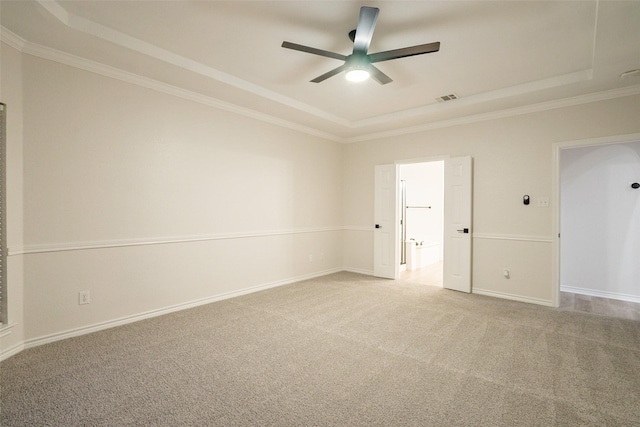 5920 Colby Dr, Plano, TX 75094 - empty room featuring a raised ceiling, ceiling fan, carpet floors, and crown molding