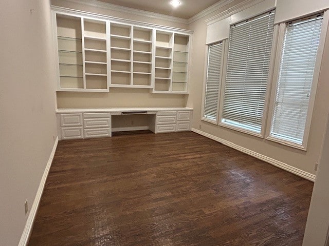 6 Oak Forrest Cir, Denton, TX 76210 - unfurnished office with built in study area, dark wood-type flooring, and ornamental molding