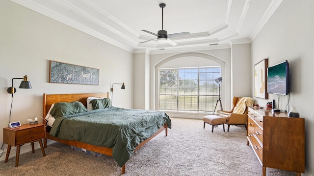 2945 Horseshoe Trl, Frisco, TX 75033 - bedroom with carpet, crown molding, a tray ceiling, and a ceiling fan