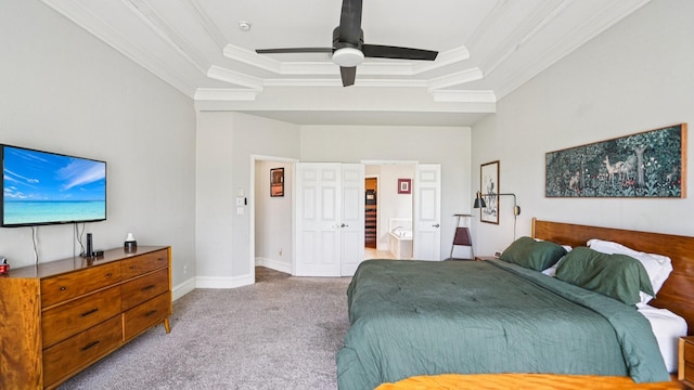 2945 Horseshoe Trl, Frisco, TX 75033 - carpeted bedroom with a raised ceiling, ornamental molding, and a ceiling fan