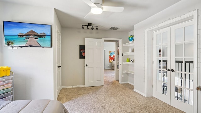 2945 Horseshoe Trl, Frisco, TX 75033 - bedroom featuring carpet floors, french doors, and ceiling fan