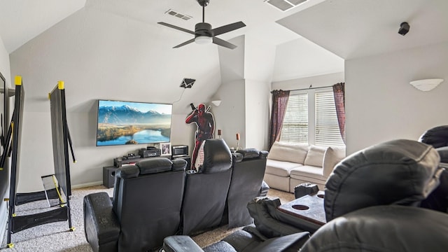 2945 Horseshoe Trl, Frisco, TX 75033 - carpeted home theater room with a ceiling fan and lofted ceiling