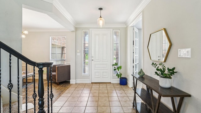 2945 Horseshoe Trl, Frisco, TX 75033 - foyer entrance with ornamental molding, stairway, and light tile patterned floors
