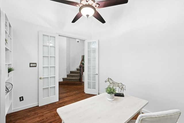 15773 Waterview Dr, Frisco, TX 75035 - office area featuring french doors, dark wood-type flooring, and a ceiling fan