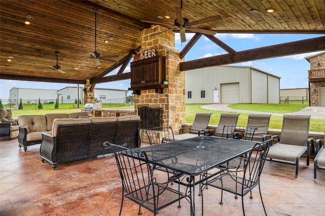 2910 Eagles Nest Ct, Midlothian, TX 76065 - view of patio / terrace featuring a ceiling fan, an outdoor living space with a fireplace, outdoor dining space, and area for grilling