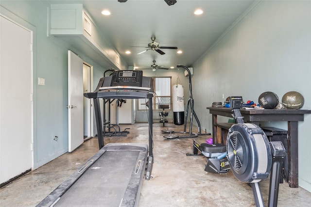 2910 Eagles Nest Ct, Midlothian, TX 76065 - workout room featuring recessed lighting, a ceiling fan, and ornamental molding