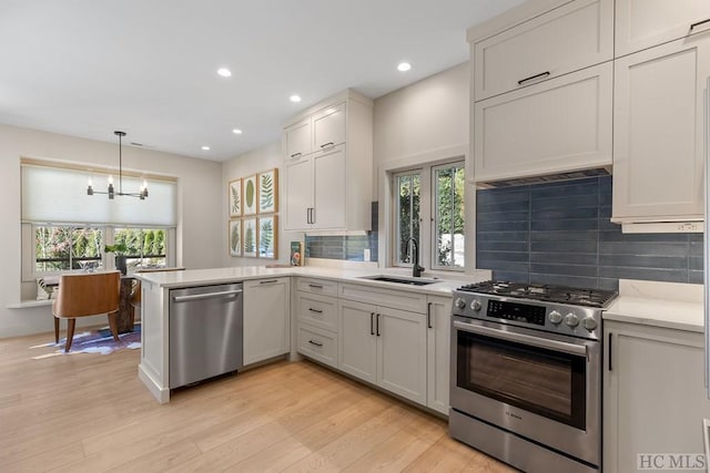 kitchen featuring sink, stainless steel appliances, white cabinetry, and kitchen peninsula