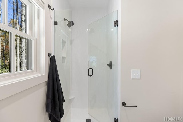 bathroom featuring a shower with shower door and plenty of natural light