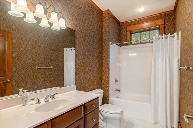 119 Old Still Rd, Sapphire, NC 28774 - full bathroom with wallpapered walls, crown molding, vanity, shower / tub combo, and tile patterned floors
