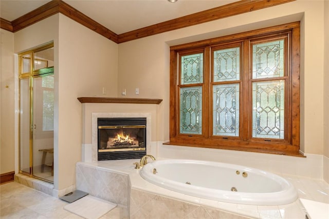 119 Old Still Rd, Sapphire, NC 28774 - full bath featuring a stall shower, crown molding, a jetted tub, and a glass covered fireplace