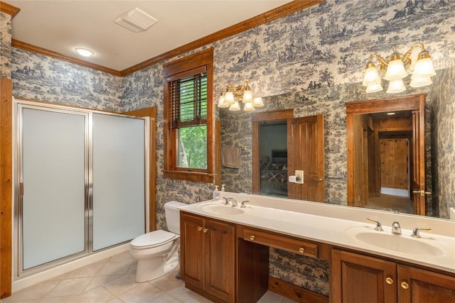 119 Old Still Rd, Sapphire, NC 28774 - bathroom featuring double vanity, a chandelier, a shower stall, ornamental molding, and tile patterned floors