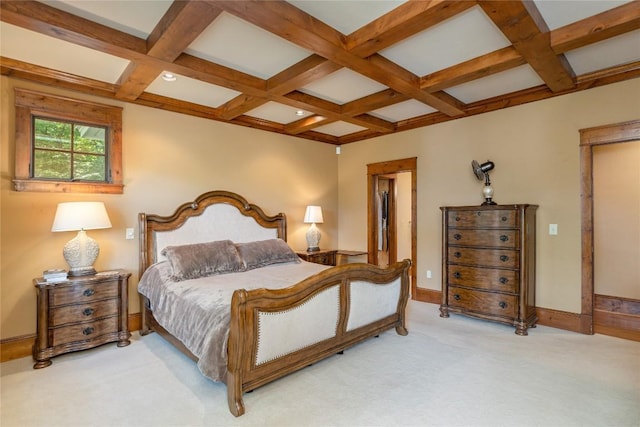 119 Old Still Rd, Sapphire, NC 28774 - bedroom featuring coffered ceiling, light carpet, and beam ceiling