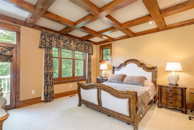 119 Old Still Rd, Sapphire, NC 28774 - carpeted bedroom featuring coffered ceiling, beamed ceiling, and access to outside