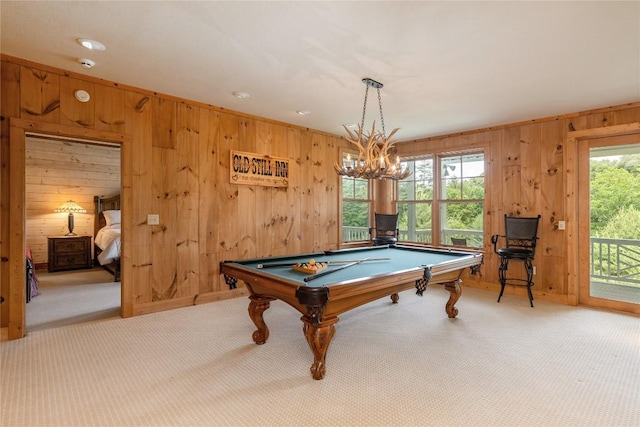 119 Old Still Rd, Sapphire, NC 28774 - playroom with wooden walls, light colored carpet, pool table, and a chandelier