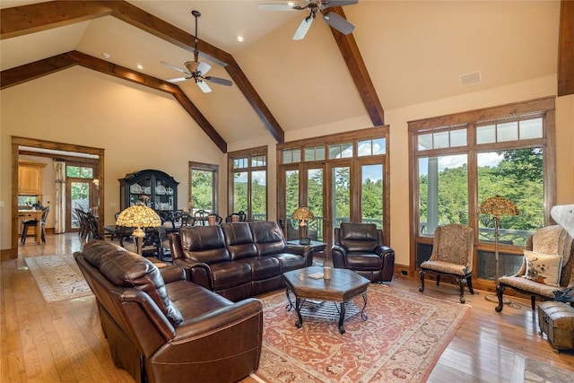 119 Old Still Rd, Sapphire, NC 28774 - living room featuring high vaulted ceiling, a ceiling fan, beam ceiling, light wood-type flooring, and recessed lighting