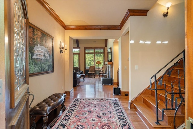 119 Old Still Rd, Sapphire, NC 28774 - entryway featuring crown molding, stairway, and wood finished floors