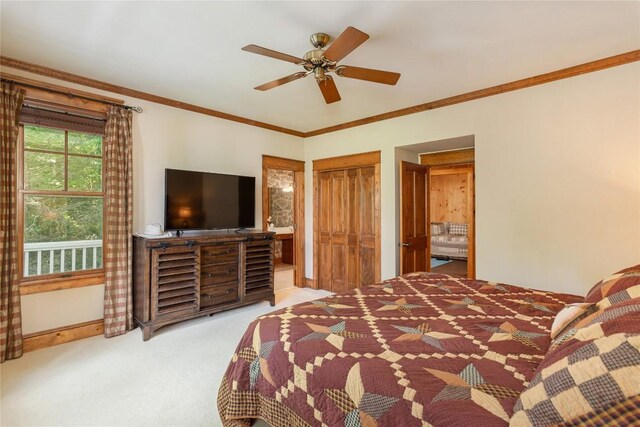 119 Old Still Rd, Sapphire, NC 28774 - bedroom with carpet, ornamental molding, connected bathroom, and ceiling fan