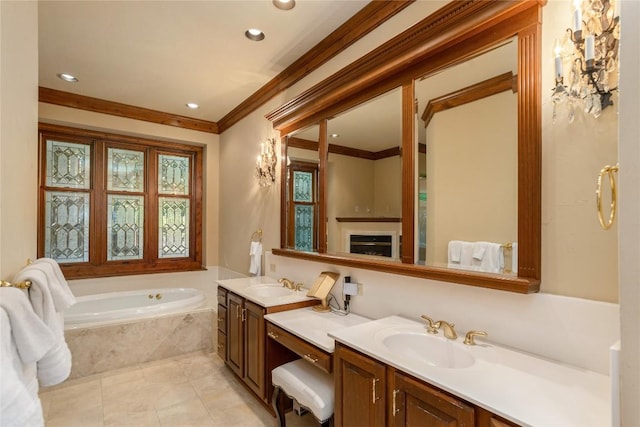 119 Old Still Rd, Sapphire, NC 28774 - bathroom with vanity, a garden tub, recessed lighting, ornamental molding, and tile patterned floors