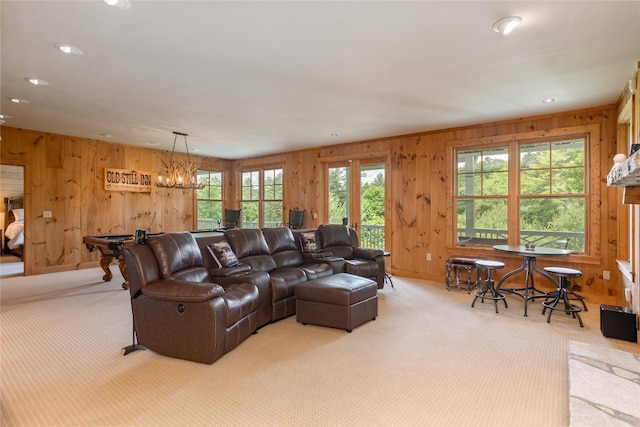 119 Old Still Rd, Sapphire, NC 28774 - living area with wooden walls, carpet, recessed lighting, and a chandelier