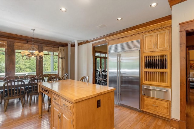 119 Old Still Rd, Sapphire, NC 28774 - kitchen with built in fridge, a warming drawer, butcher block countertops, light wood finished floors, and recessed lighting