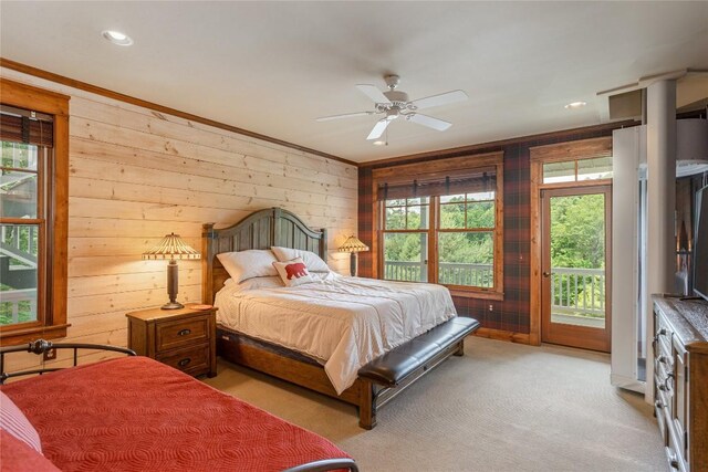 119 Old Still Rd, Sapphire, NC 28774 - bedroom with access to exterior, wooden walls, light colored carpet, ceiling fan, and recessed lighting