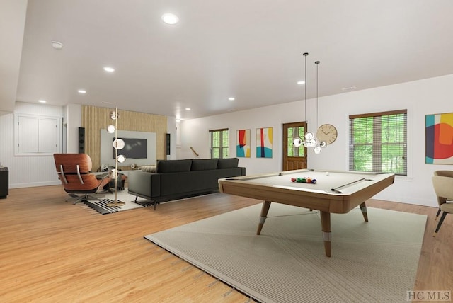 game room featuring light hardwood / wood-style floors and billiards