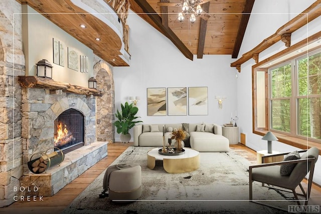 living room featuring hardwood / wood-style floors, wood ceiling, a fireplace, and lofted ceiling with beams