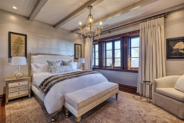 bedroom with a notable chandelier, recessed lighting, wood finished floors, beamed ceiling, and visible vents