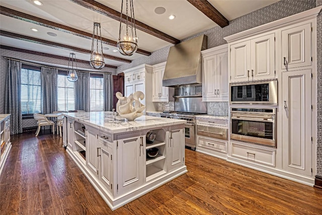 kitchen featuring open shelves, wallpapered walls, dark wood-type flooring, custom range hood, and appliances with stainless steel finishes