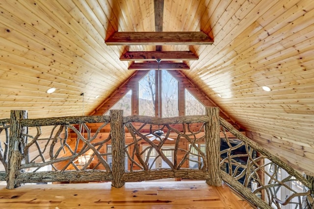 bonus room with vaulted ceiling with beams, wood finished floors, wood ceiling, and wooden walls