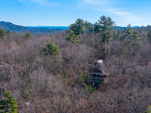 birds eye view of property featuring a mountain view and a wooded view