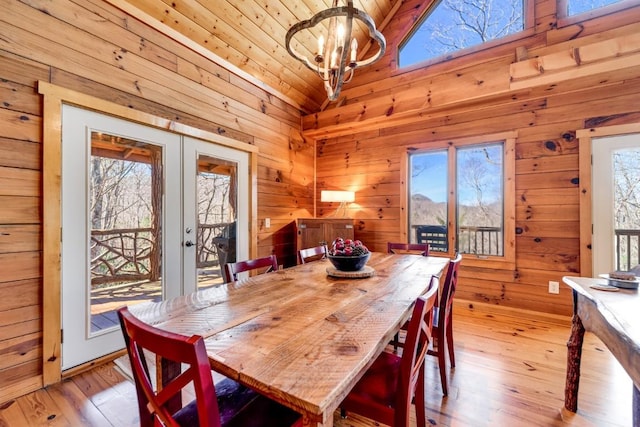 dining space featuring french doors, a healthy amount of sunlight, and wooden walls