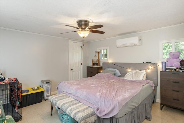 bedroom featuring ceiling fan, a wall mounted air conditioner, baseboards, light floors, and ornamental molding