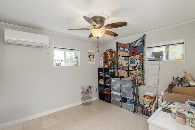 interior space with baseboards, plenty of natural light, a wall mounted AC, and ornamental molding