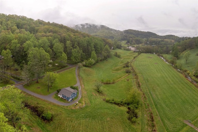 birds eye view of property with a mountain view and a rural view