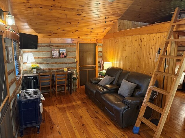 00 Gibson Cove Rd, Franklin, NC 28734 - living area with vaulted ceiling, wood walls, hardwood / wood-style flooring, and wooden ceiling