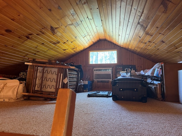00 Gibson Cove Rd, Franklin, NC 28734 - bedroom with lofted ceiling, carpet flooring, a wall unit AC, wooden ceiling, and wood walls