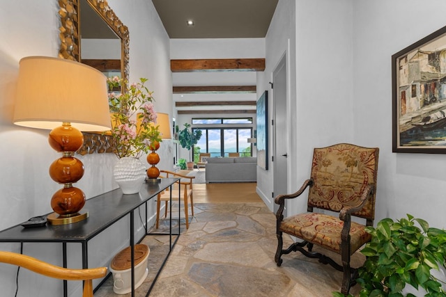 1240 King Gap Rd, Highlands, NC 28741 - hallway featuring stone finish flooring and beamed ceiling