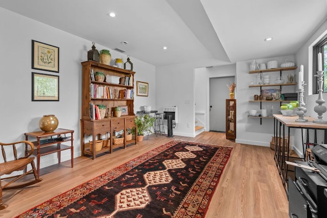 1240 King Gap Rd, Highlands, NC 28741 - living area featuring light wood-style floors, stairway, and recessed lighting