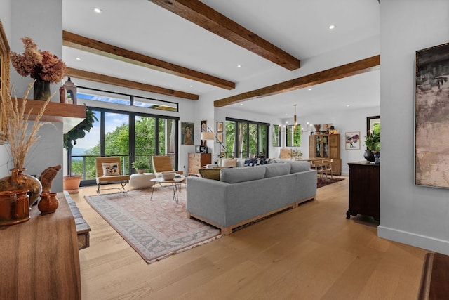 1240 King Gap Rd, Highlands, NC 28741 - living area featuring wood finished floors, beamed ceiling, and recessed lighting