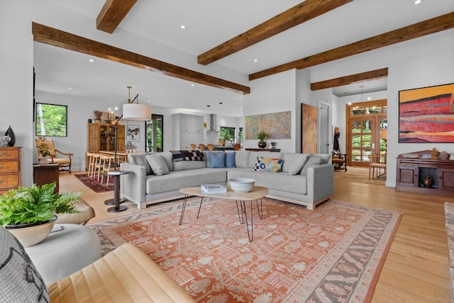 1240 King Gap Rd, Highlands, NC 28741 - living area with beamed ceiling, recessed lighting, and light wood finished floors