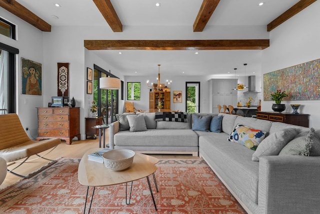 1240 King Gap Rd, Highlands, NC 28741 - living area featuring a chandelier, beam ceiling, recessed lighting, and light wood-style flooring