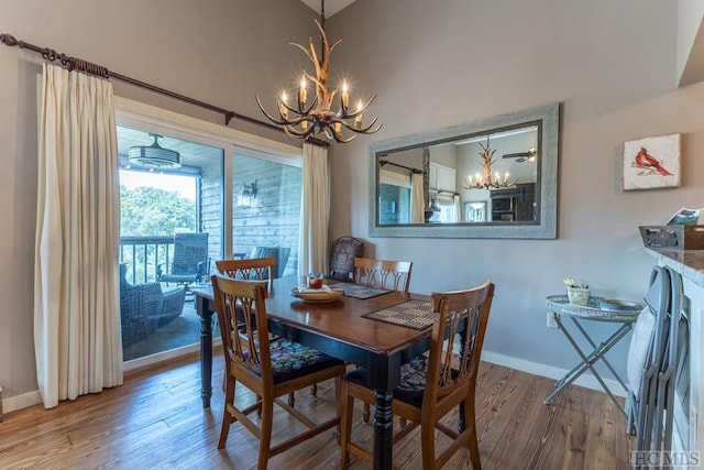 dining room featuring hardwood / wood-style flooring and a chandelier