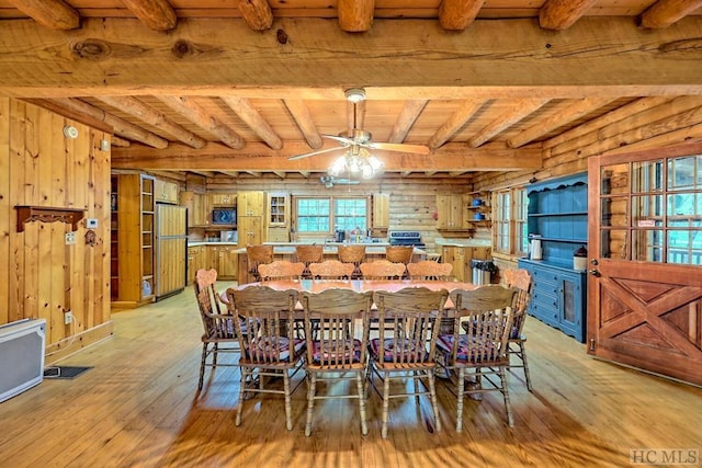 dining area featuring beamed ceiling, log walls, wood ceiling, light wood-type flooring, and ceiling fan