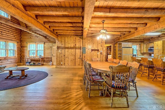 dining space featuring ceiling fan, light wood-type flooring, wood ceiling, beamed ceiling, and rustic walls