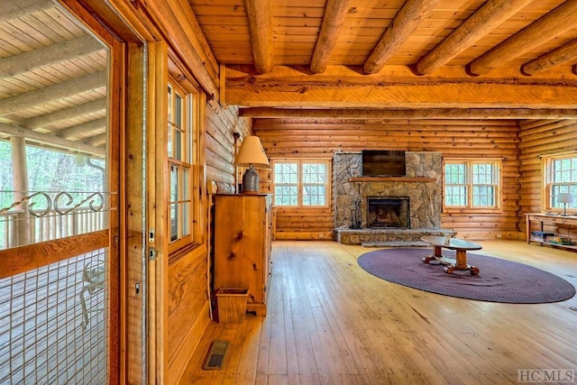 living room featuring log walls, wood ceiling, a stone fireplace, hardwood / wood-style flooring, and beam ceiling