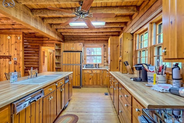 kitchen featuring dishwashing machine, beam ceiling, plenty of natural light, and wooden ceiling