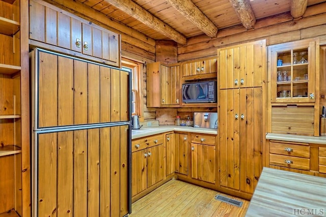 kitchen featuring wooden ceiling, light hardwood / wood-style floors, and beamed ceiling