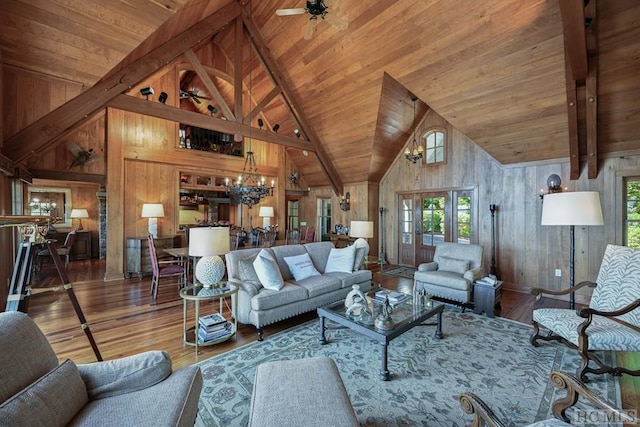 living room featuring beamed ceiling, high vaulted ceiling, hardwood / wood-style floors, and wood walls