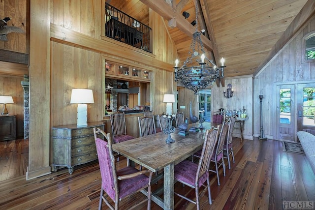 dining area with wood walls, beamed ceiling, dark hardwood / wood-style flooring, wooden ceiling, and an inviting chandelier